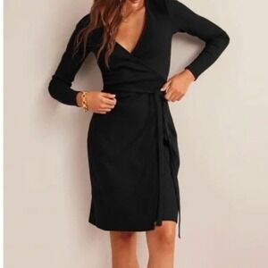Boden Black Ribbed Wrap Midi Dress Long Sleeve Tie Waist Size US 10L NWT